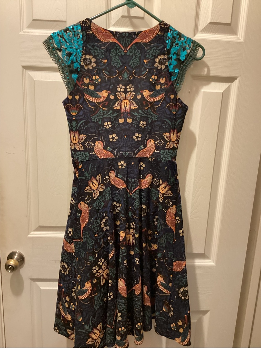 Eva Franco Navy Dress with Teal, Red and Gold Floral Accents - Picture 2 of 5